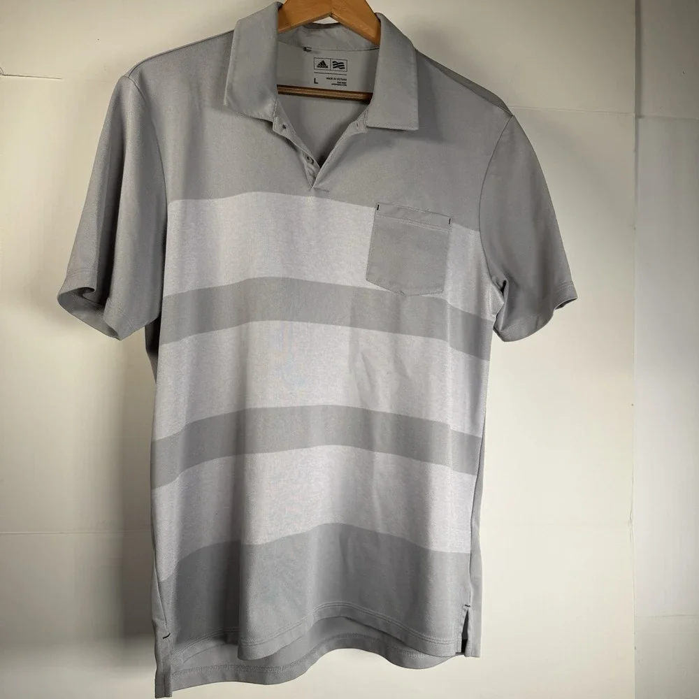 Adidas Golf Polo Shirt Mens Large Performance Gray Striped Stretch Nice